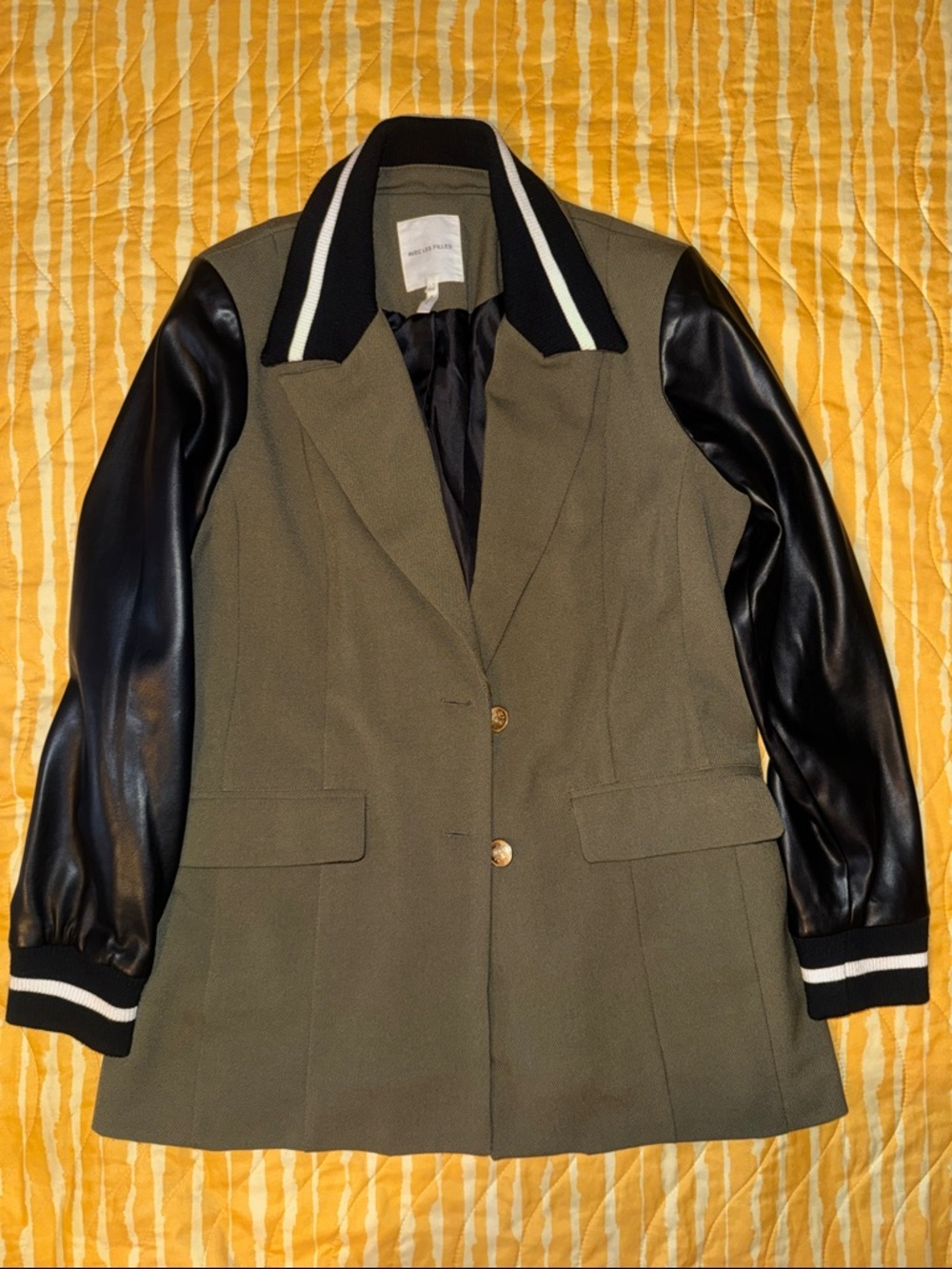 Avec Les Filles Olive Green and Black Mixed-Media Varsity Jacket